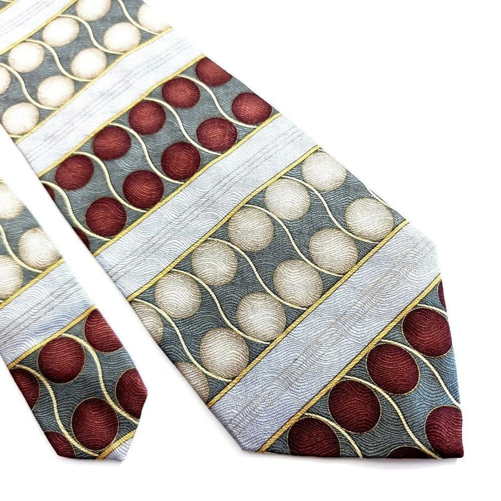 Martin‎ Wong Green Silver Tan Jacquard Print Wide Silk Tie